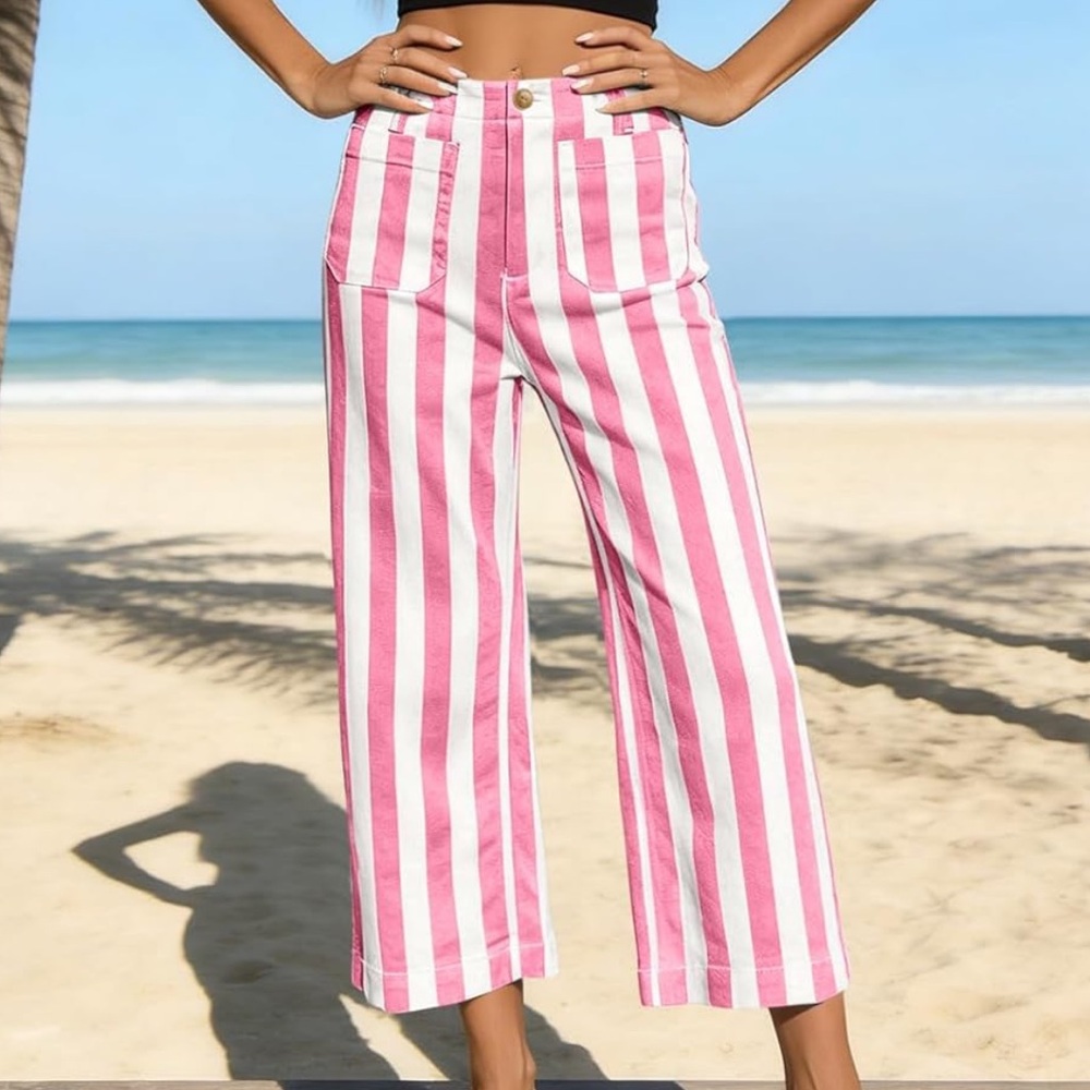 Pink & White Striped Cropped Wide-Leg Pants- BRAND NEW, size 2 - Picture 6 of 8
